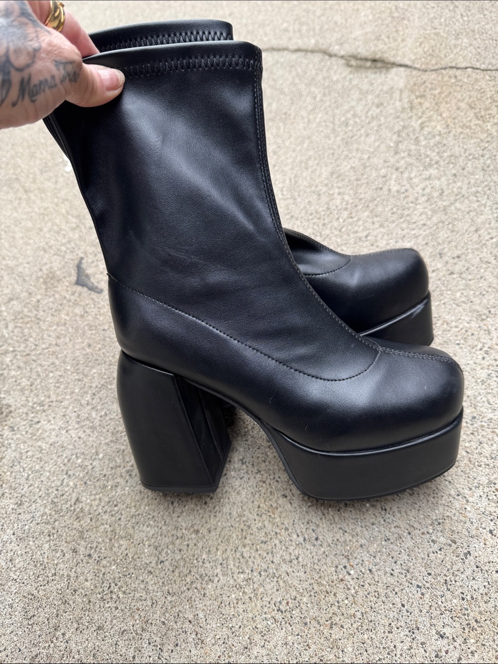 Black Platform Block-Heel Mid-Calf Boots